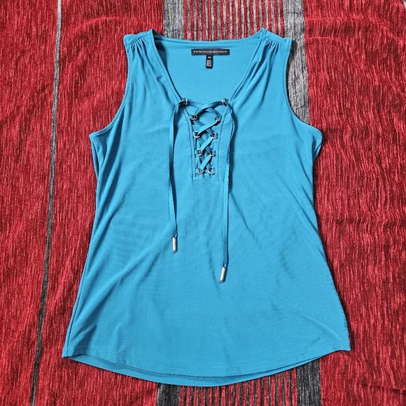 Teal Turquoise Lace-Up Tank Top - Picture 2 of 6